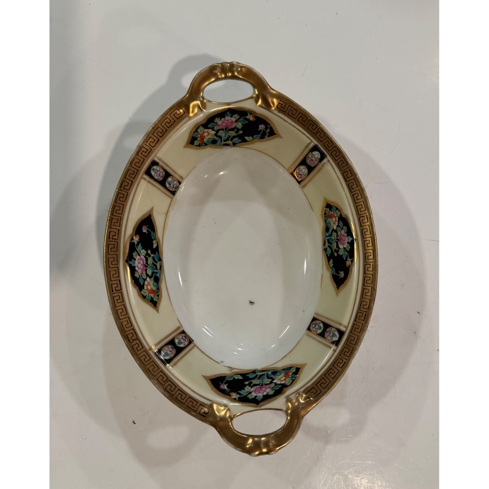 Antique Nippon Hand Painted Porcelain Floral Gold Greek Key Handled Nut Bowl 7"